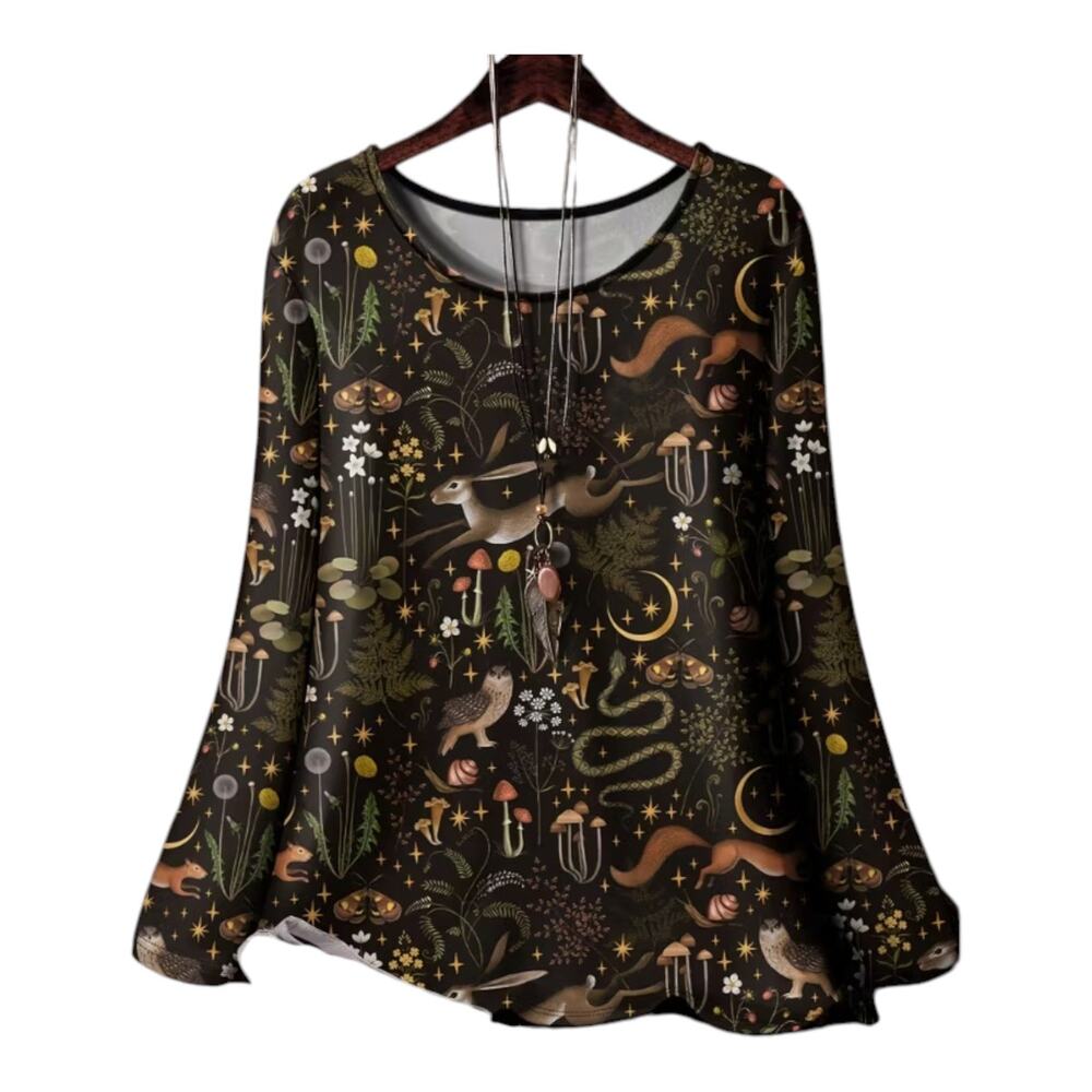 Women’s Plus Size 4XL Long Sleeve Tee – Playful Animal, Plant & Insect Print